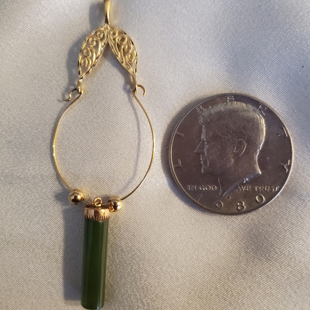 14k Gold Jade Pendant Charm Holder 3" L Vintage Jade Solid Gold